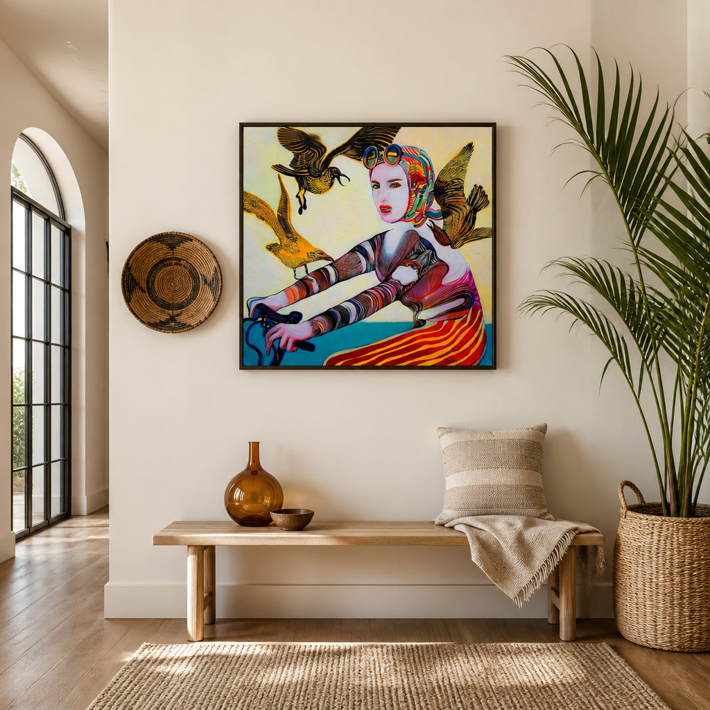Room mockup featuring Cyclist and Seagulls Whimsical Art Print