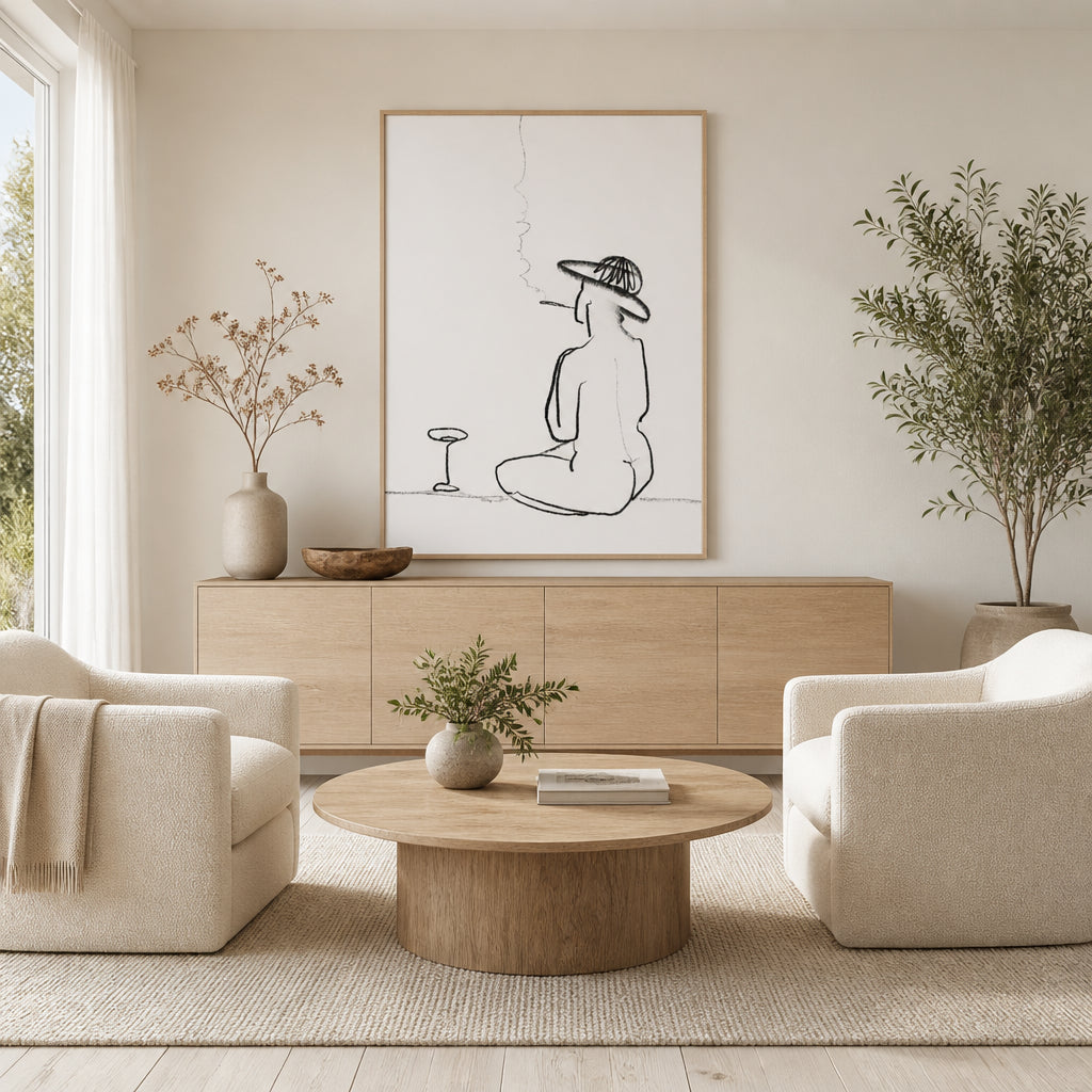 Room mockup featuring Seated Figure with Hat Art Print