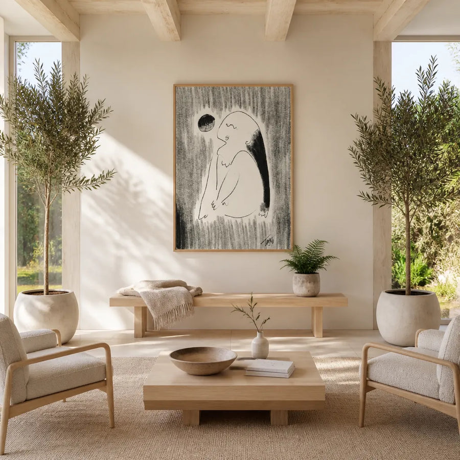 Gazing Figure Under Moon Art Print in a room setting