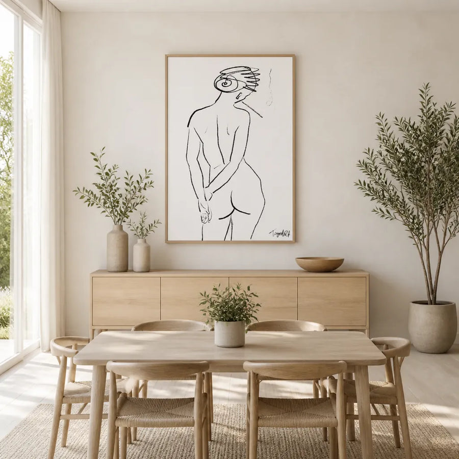 Contemplative Nude Line Art Print in a room setting