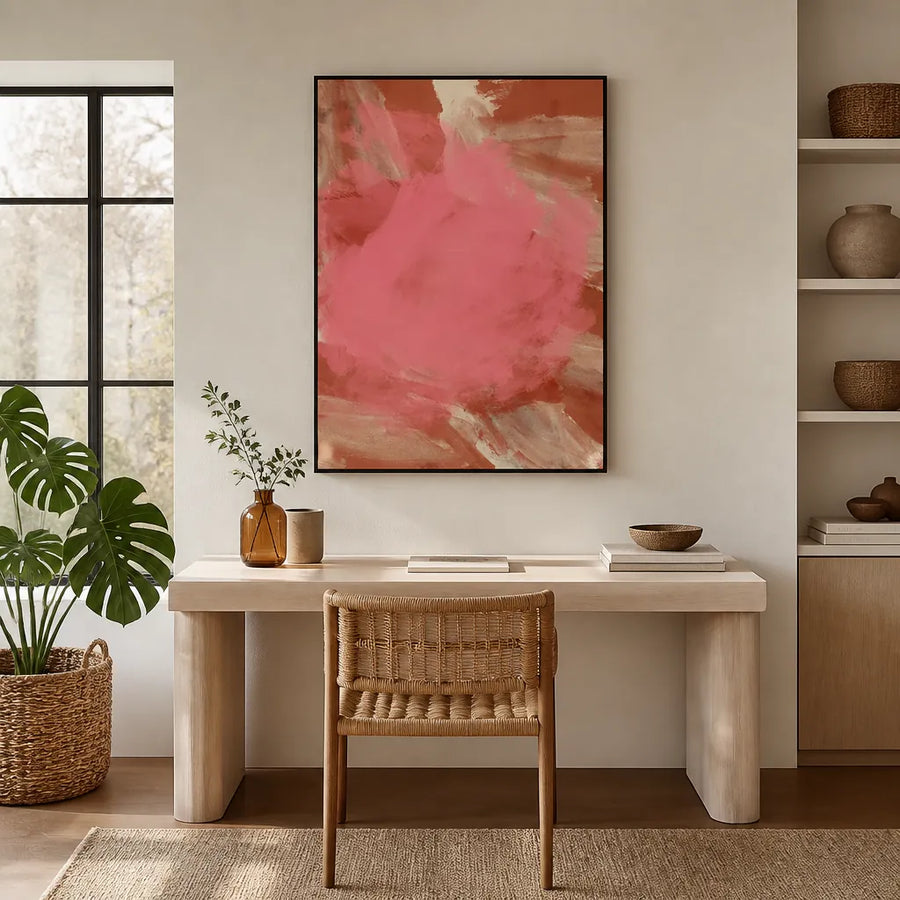 Pink and Terracotta Abstract Art Print in a room setting