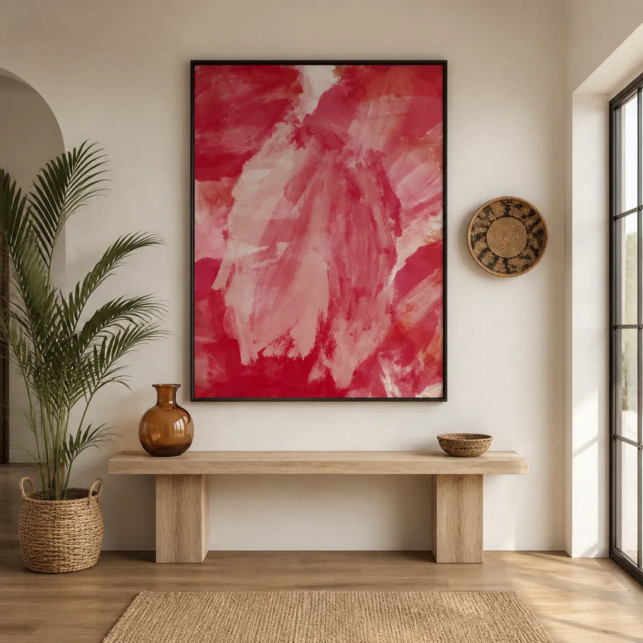 Romantic Blush Red Abstract Art Print in a room setting