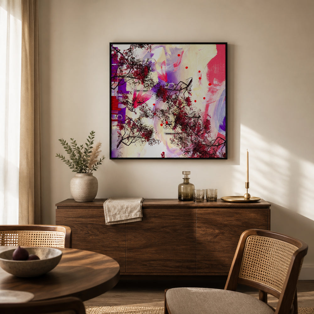 Room mockup featuring Abstract Floral Dreams Magenta Branches With Crimson Accents Art Print