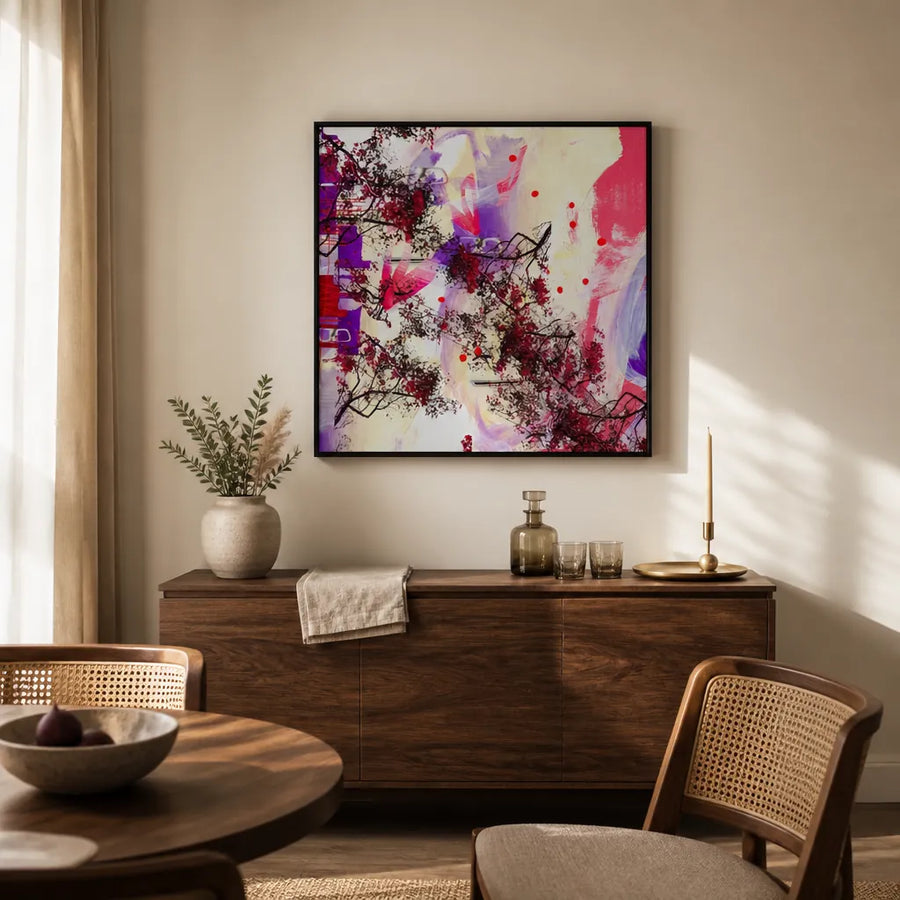 Abstract Floral Dreams Magenta Branches With Crimson Accents Art Print in a room setting