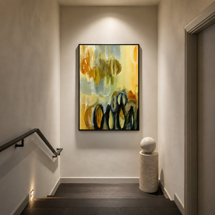 Room mockup featuring Abstract Earth Tones Gestural Circles In Ochre Art Print
