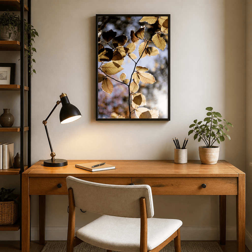 Room mockup featuring Backlit Golden Leaves Photo Print