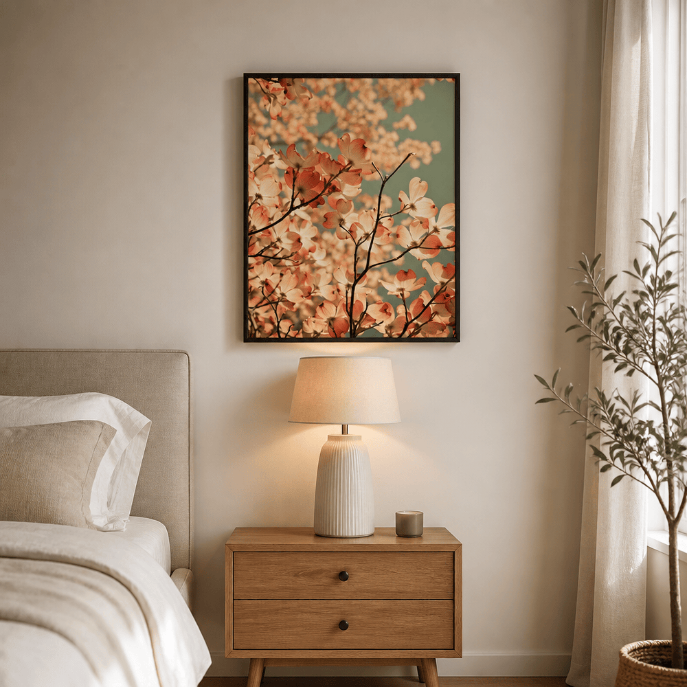 Room mockup featuring Pink Dogwood Blossoms Photo Print