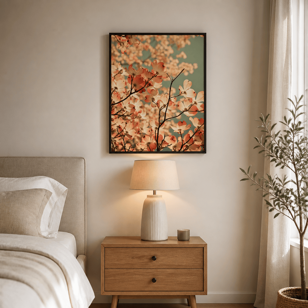 Room mockup featuring Pink Dogwood Blossoms Photo Print