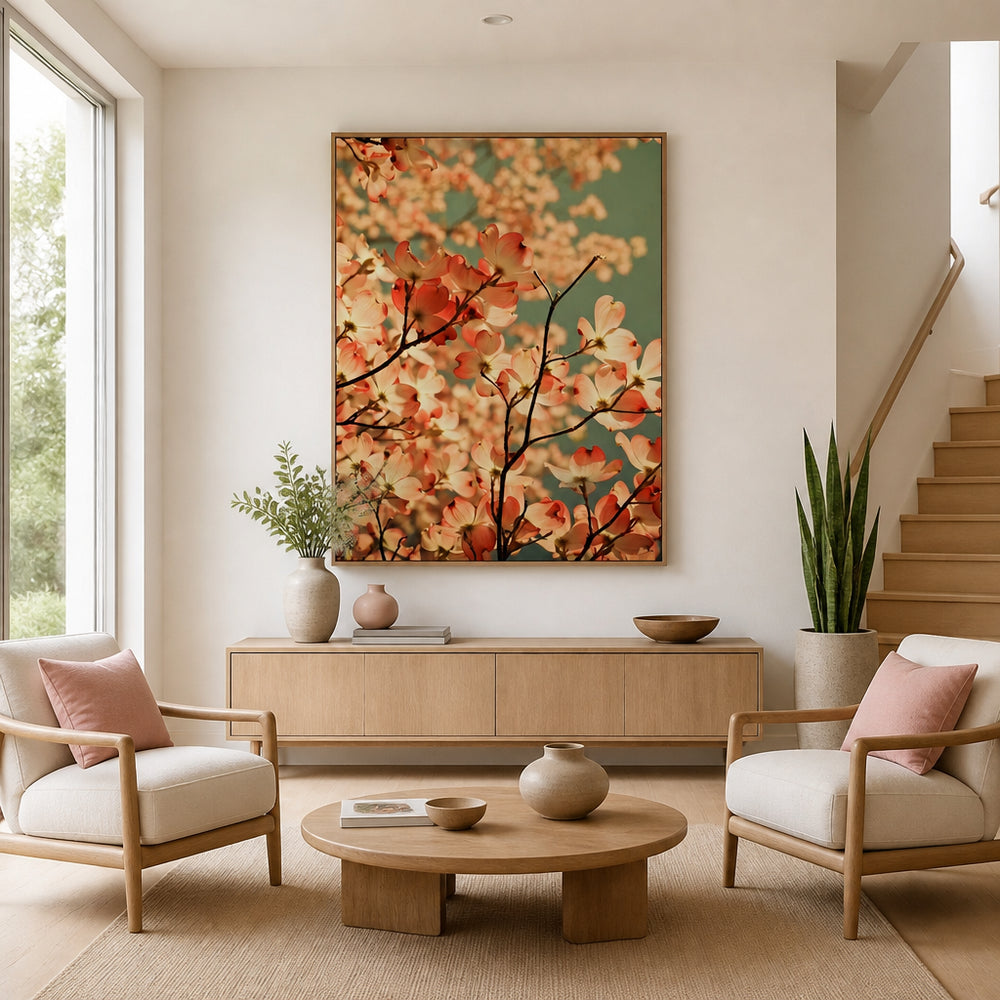 Room mockup featuring Pink Dogwood Blossoms Photo Print