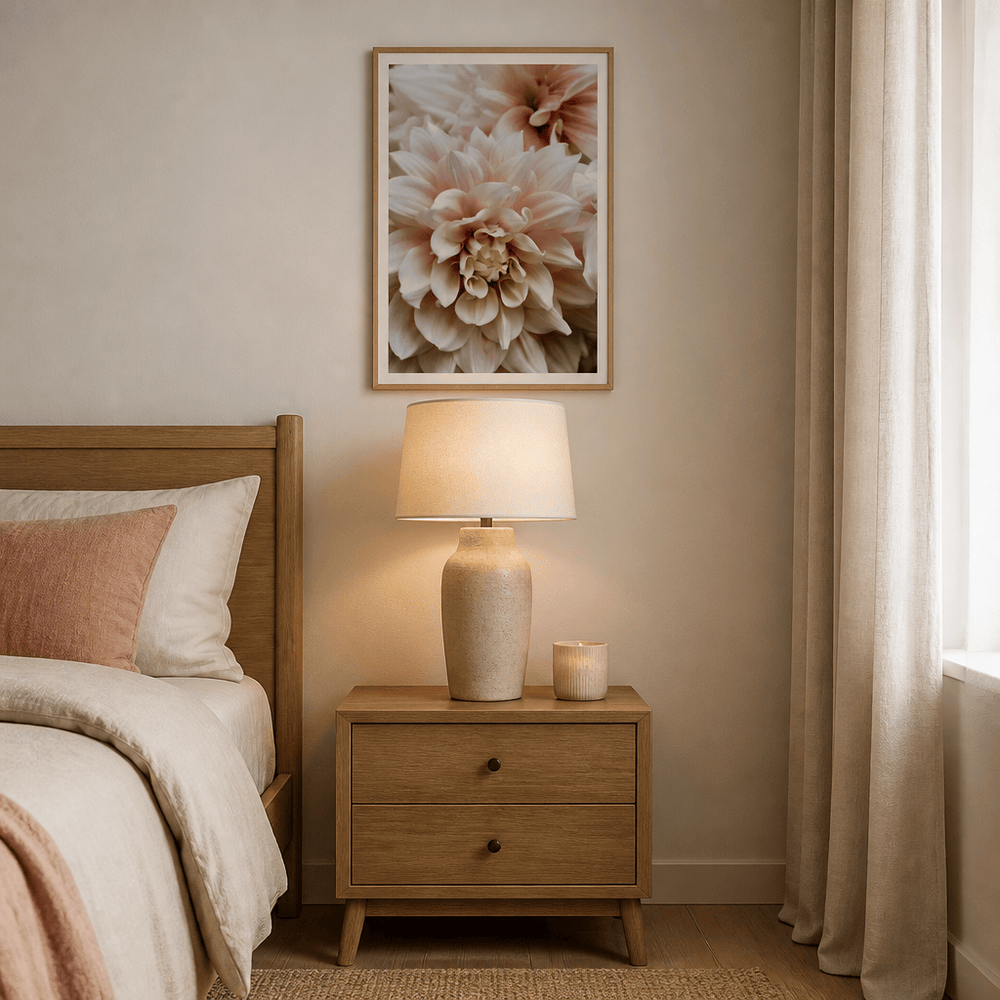 Room mockup featuring Soft Pink Dahlias Photo Print