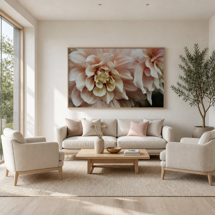 Room mockup featuring Soft Pink Dahlias Photo Print