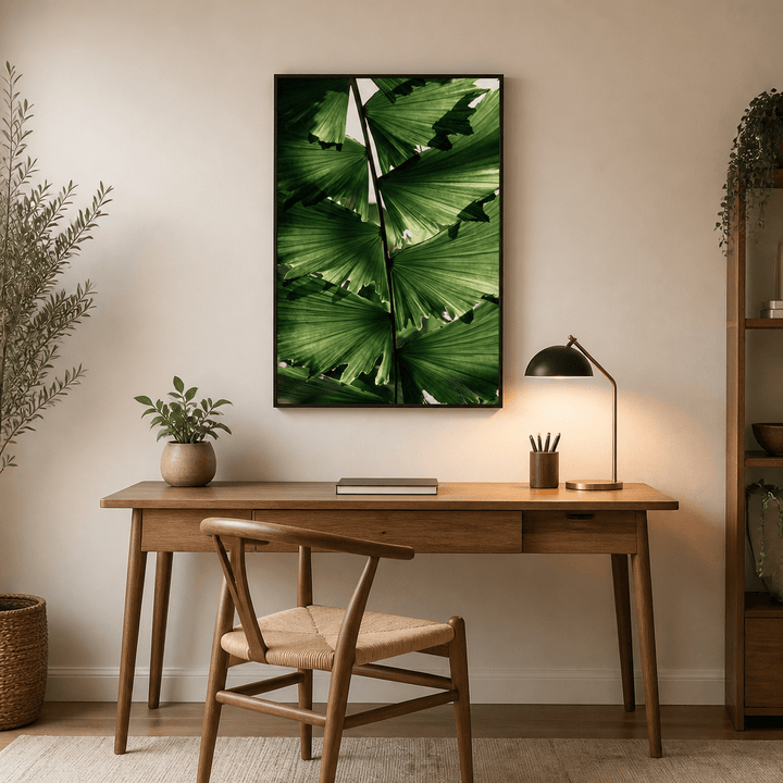Room mockup featuring Tropical Green Palm Glow Photo Print