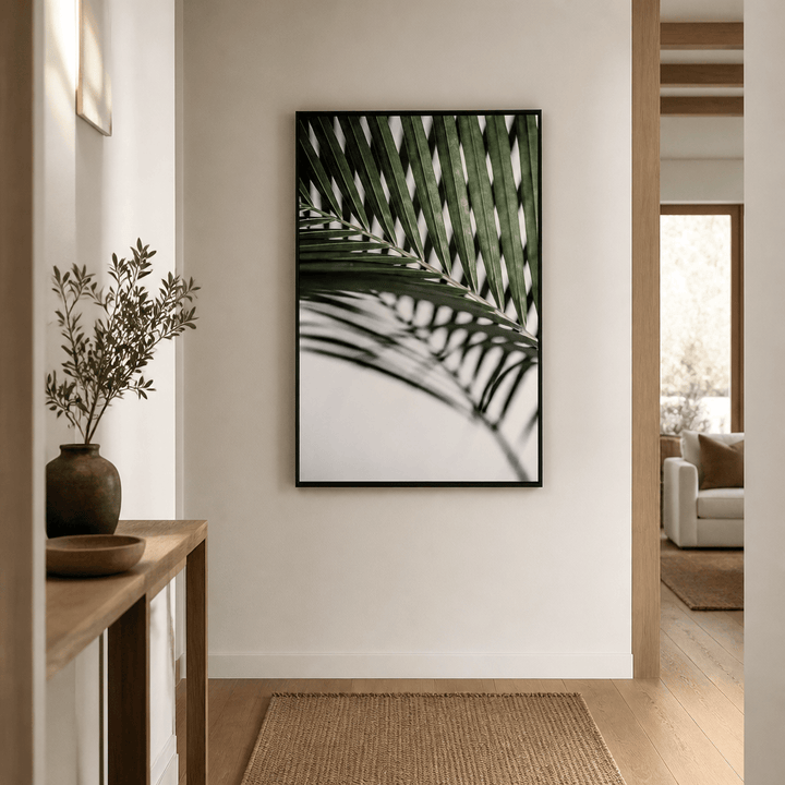Room mockup featuring Vibrant Green Palm Leaf Photo Print