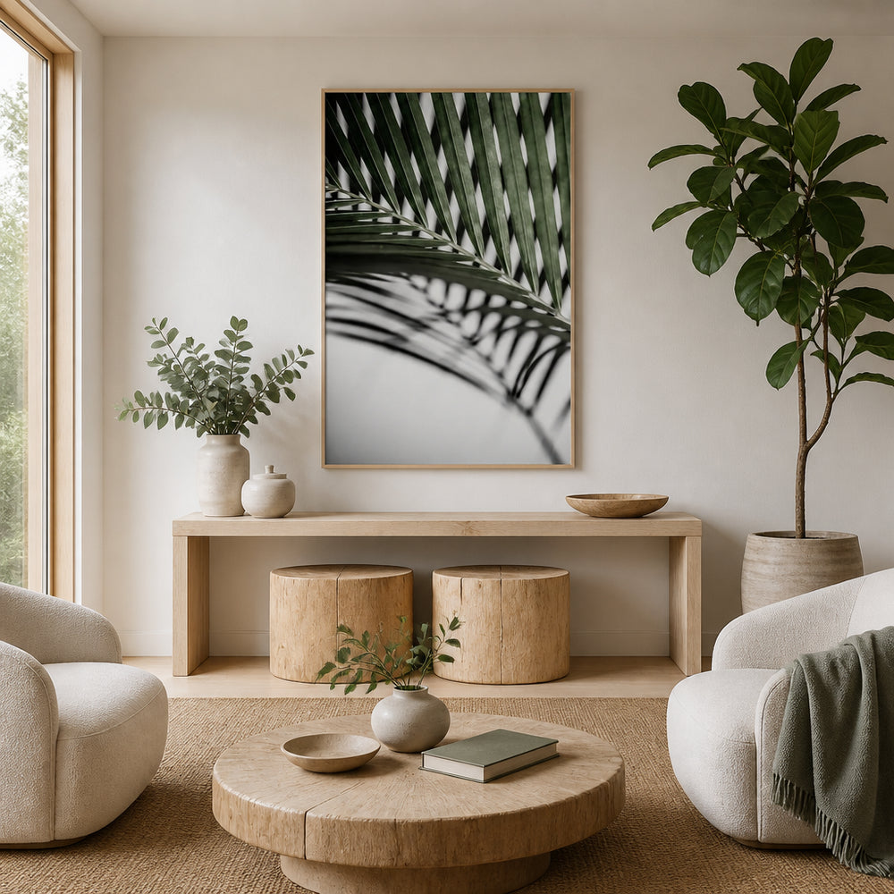 Room mockup featuring Vibrant Green Palm Leaf Photo Print