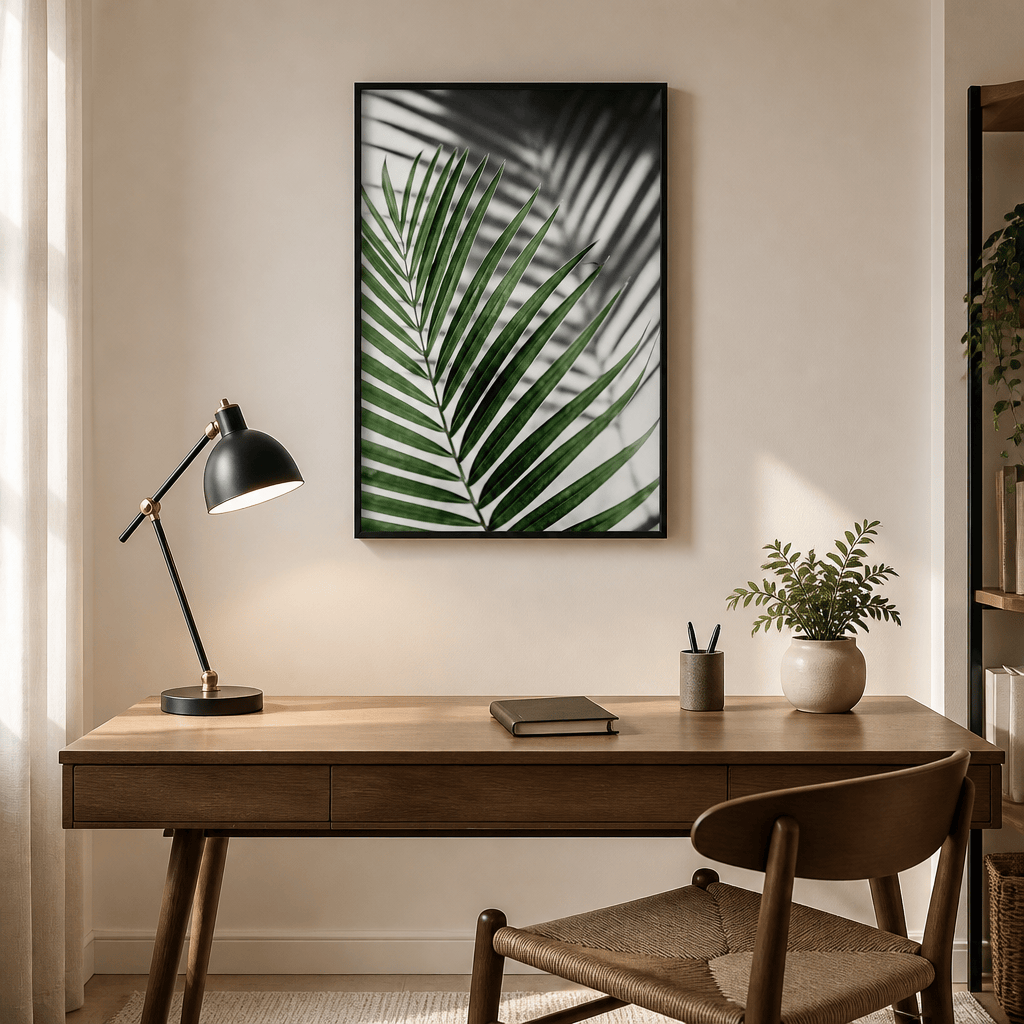 Room mockup featuring Vibrant Green Palm Leaf Photo Print