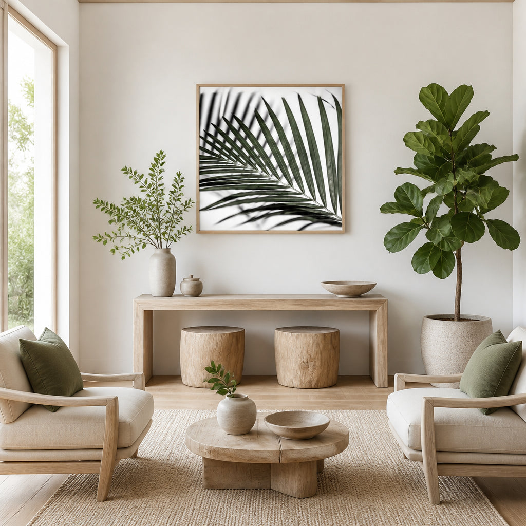 Room mockup featuring Vibrant Green Palm Leaf Photo Print