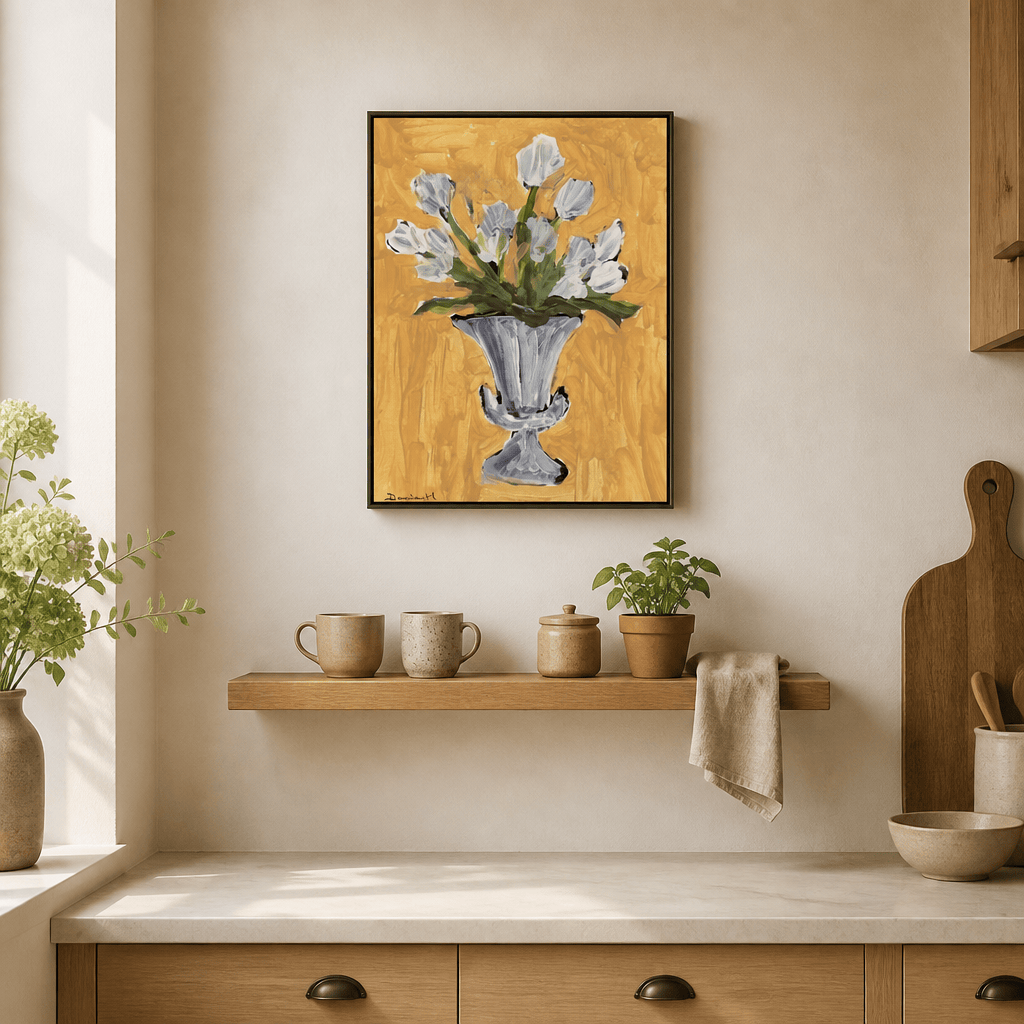 Room mockup featuring White Tulips Art Print