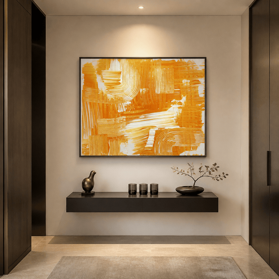 Dynamic Orange Textures Art Print in a room setting