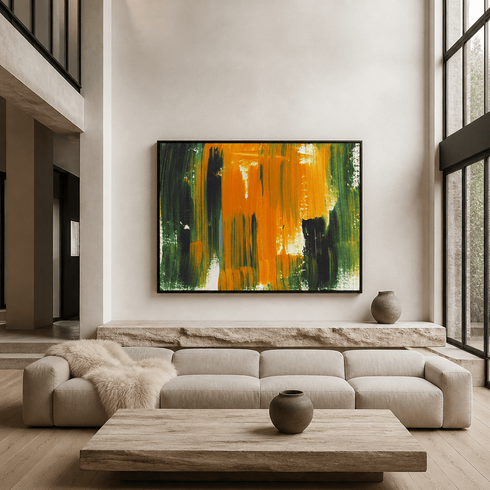 Room mockup featuring Vibrant Orange Green Abstract Art Print
