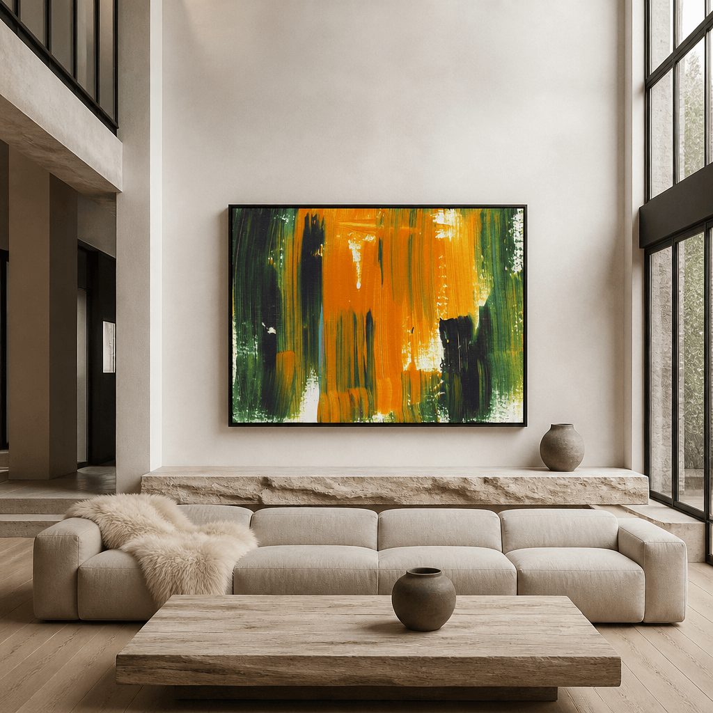 Room mockup featuring Vibrant Orange Green Abstract Art Print
