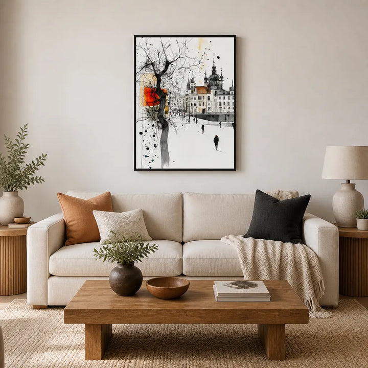 Room mockup featuring Bare Tree City Stroll Art Print