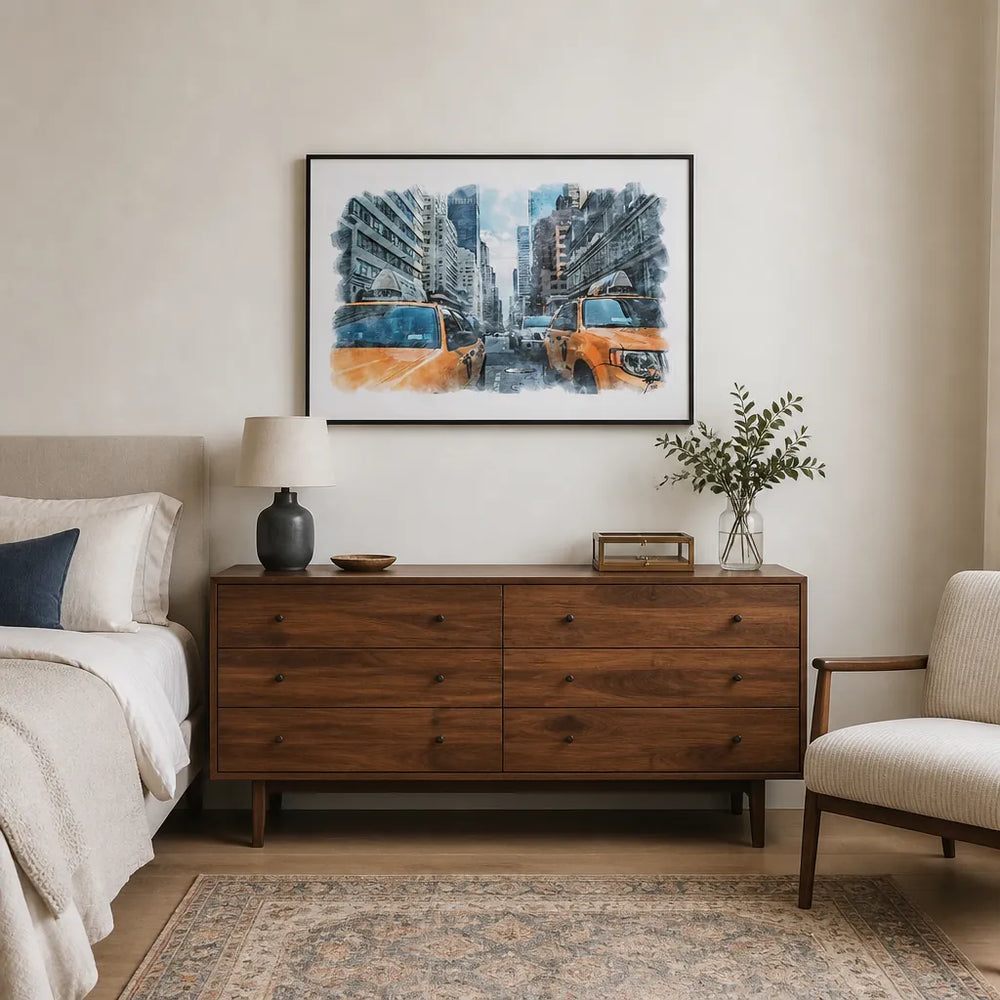Room mockup featuring New York City Taxis Art Print