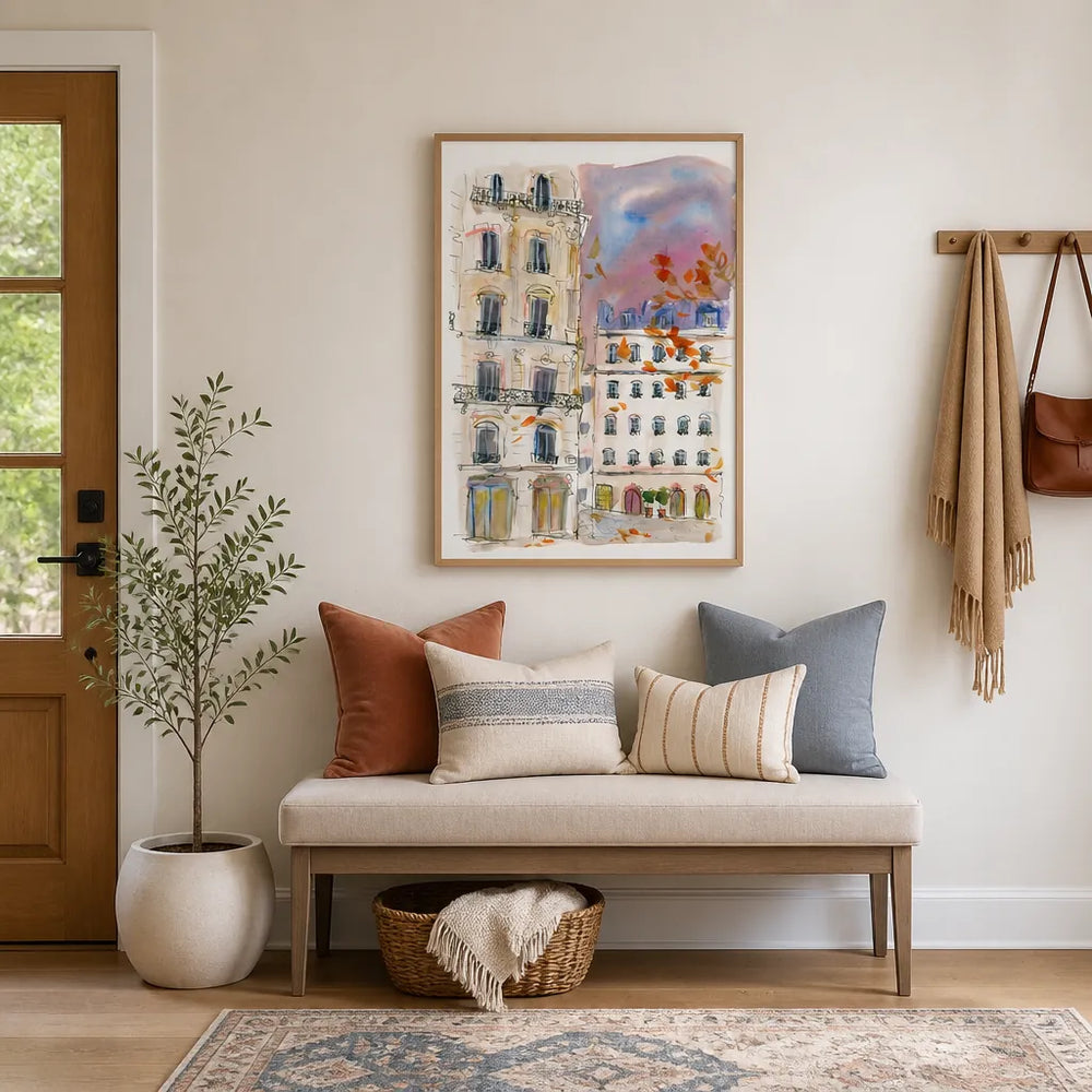 Room mockup featuring Paris street corner with purple sky Art Print