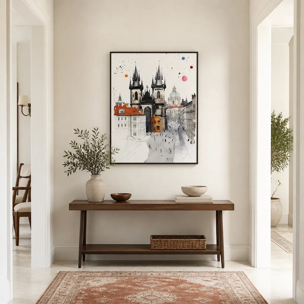 Room mockup featuring Prague Old Town Splendor Art Print