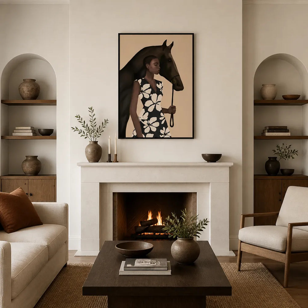Room mockup featuring Elegant Woman Horse Art Print
