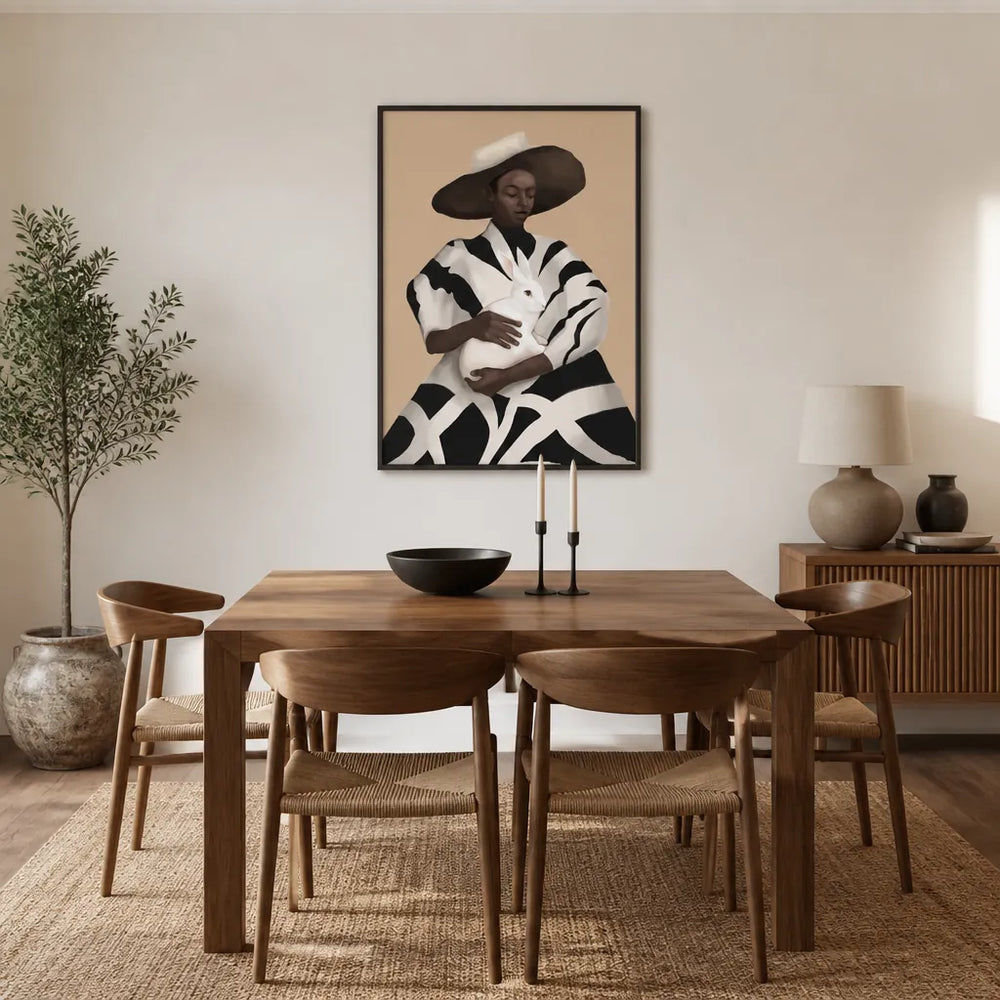 Room mockup featuring Elegant Woman White Rabbit Art Print