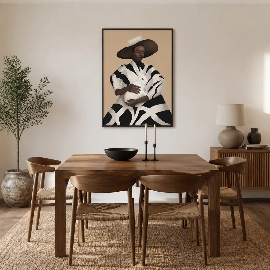 Room mockup featuring Elegant Woman White Rabbit Art Print