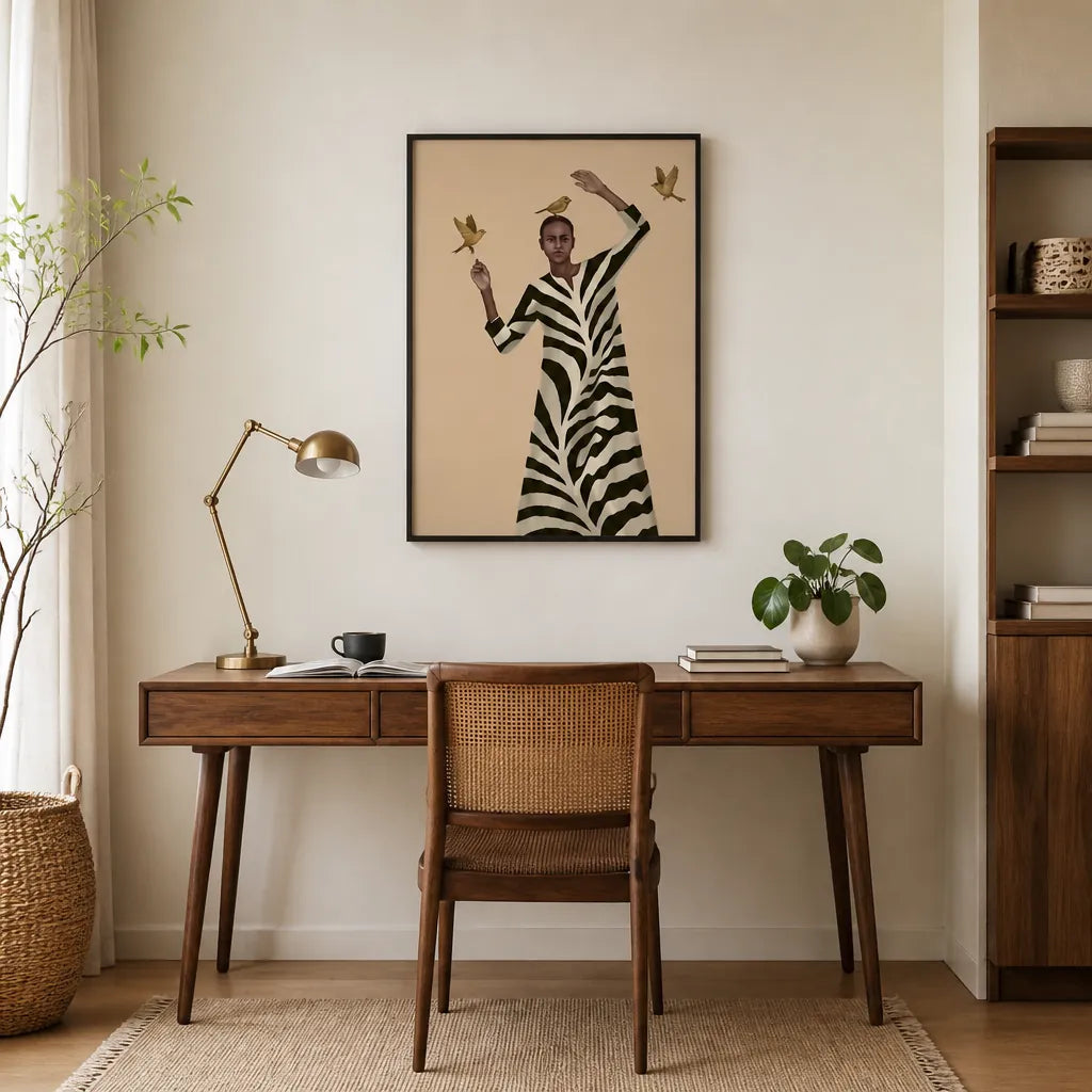Room mockup featuring Graceful Woman and Birds Art Print