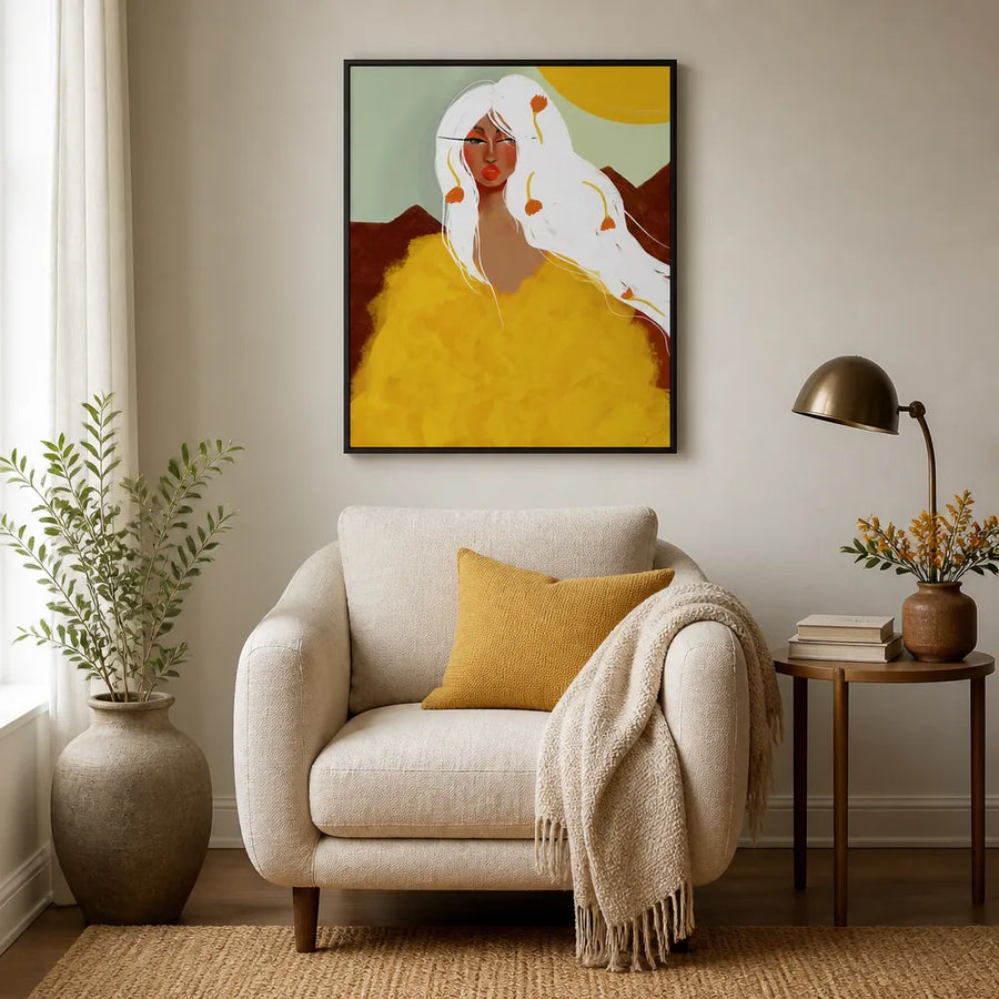 Golden Woman White Hair Art Print in a room setting