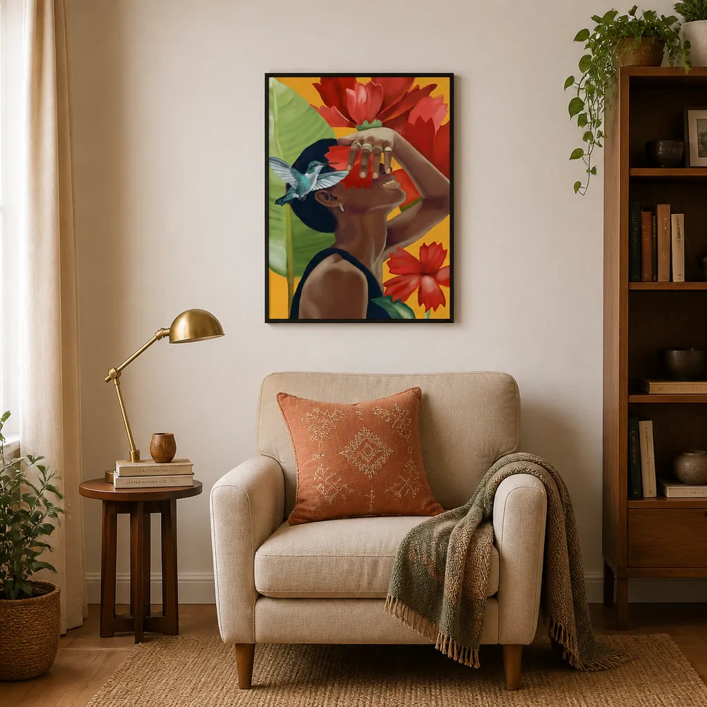 Room mockup featuring Joyful Tropical Woman Art Print