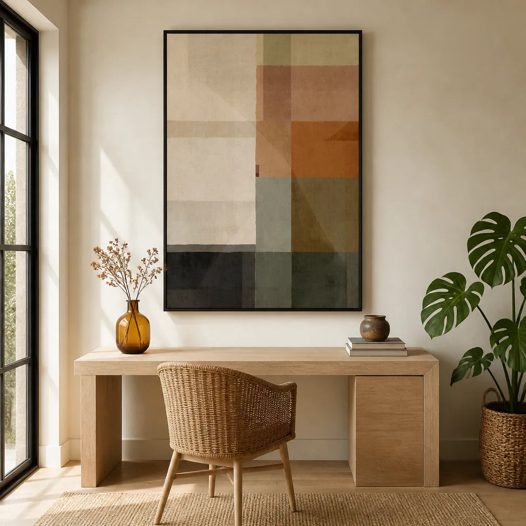 Earthy Geometric Blocks Art Print 1 shown in a styled room