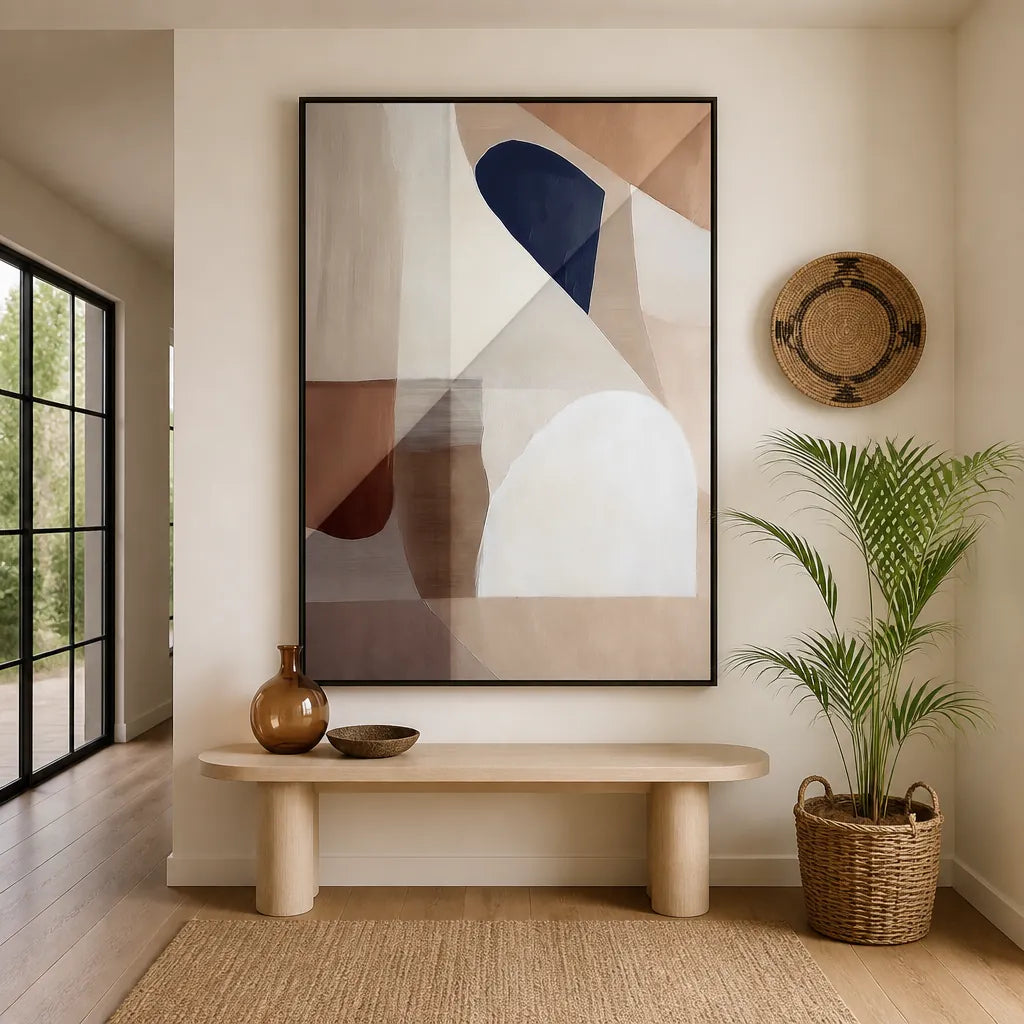 Neutral Blue Layers Art Print 1 shown in a styled room