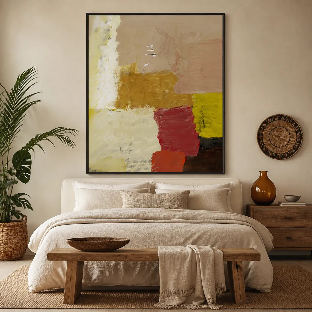 Warm Abstract Blocks Art Print 1 shown in a styled room