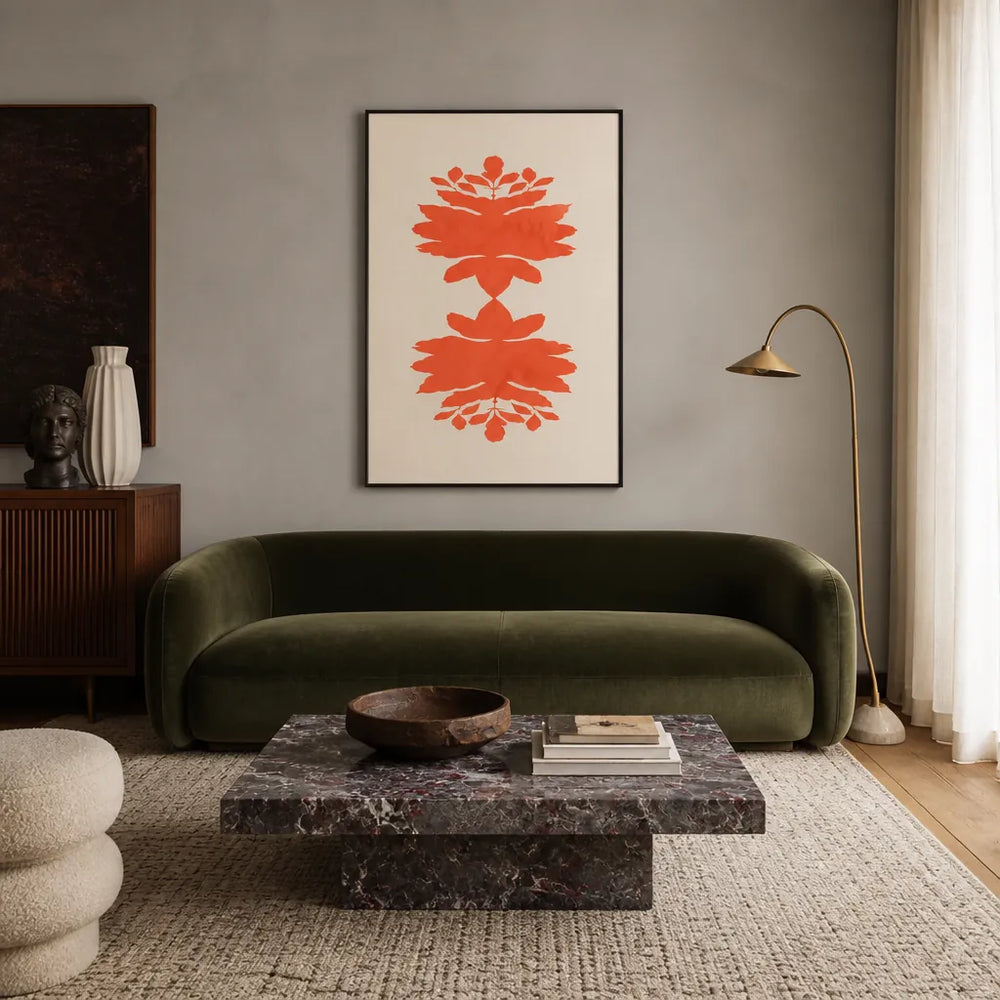 Room mockup featuring Coral Botanical Symmetry Art Print