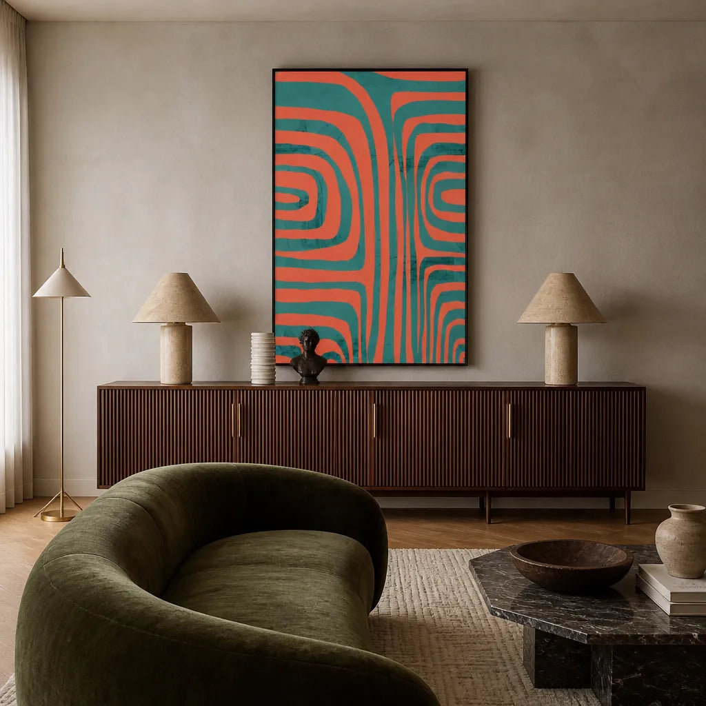 Room mockup featuring Flowing Coral Teal Lines Art Print