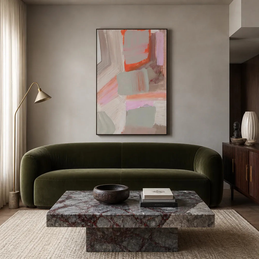 Room mockup featuring Pink Orange Grey Blocks Art Print