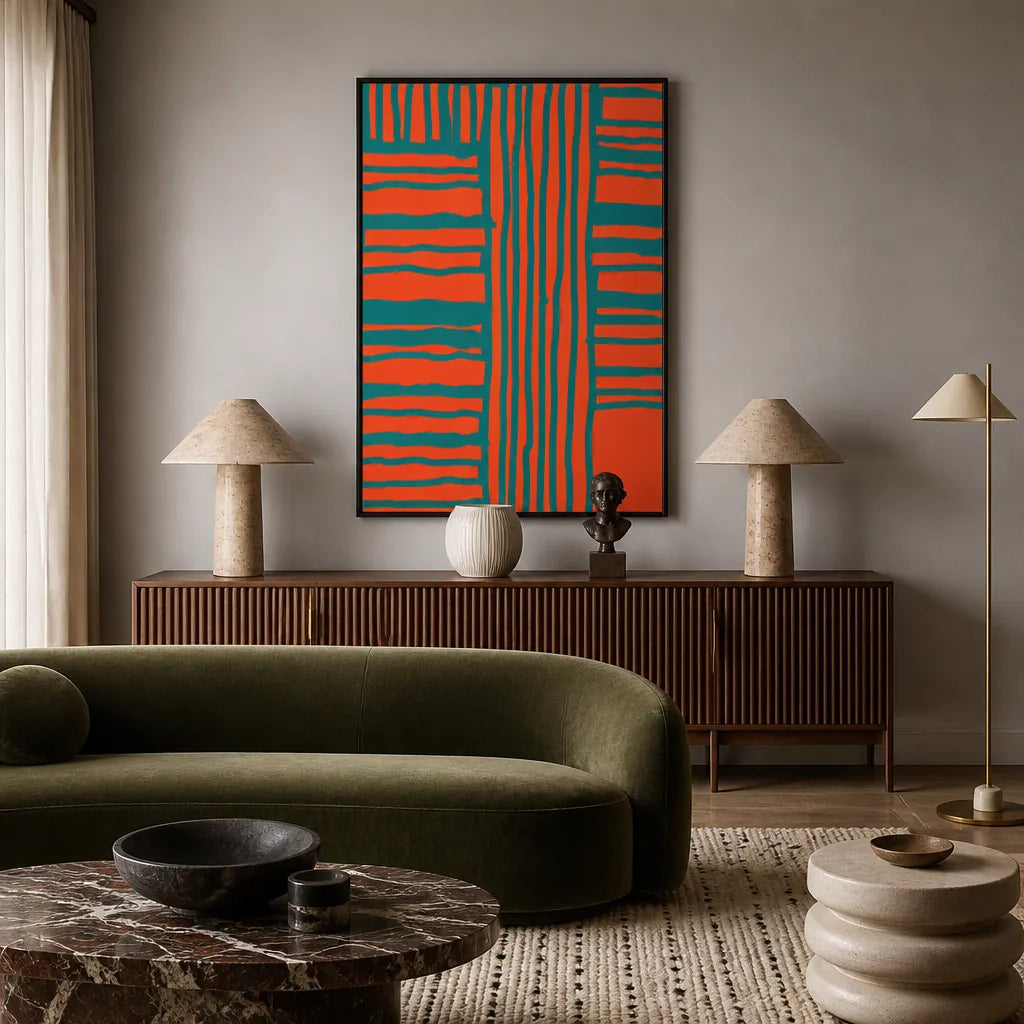 Room mockup featuring Vibrant Orange Teal Pattern Art Print