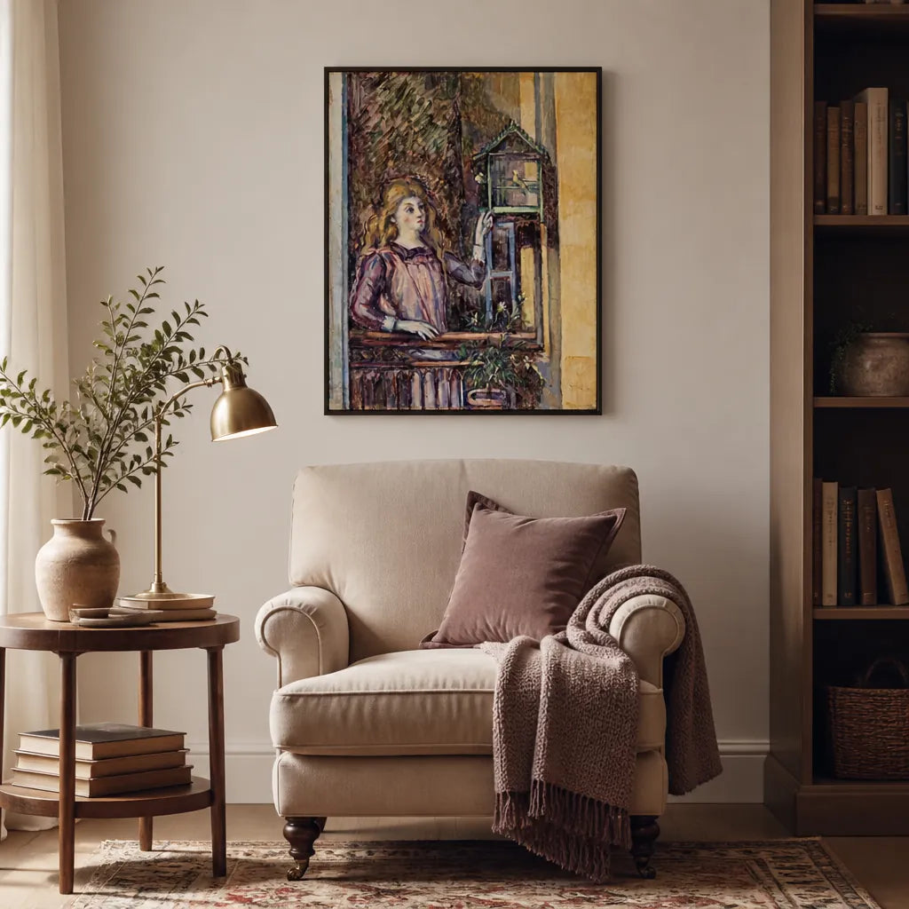 Room mockup featuring Girl in a Birdcage Art Print
