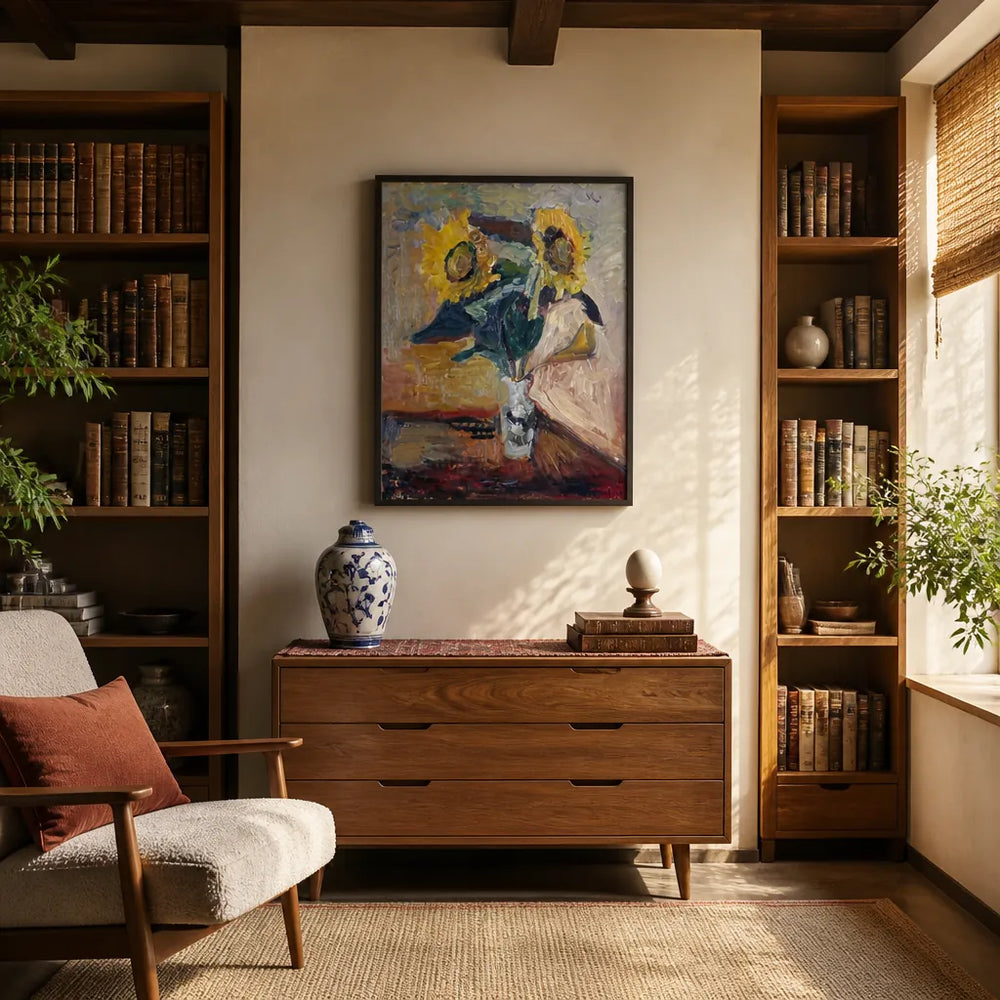 Room mockup featuring Sunflowers in a Vase Art Print