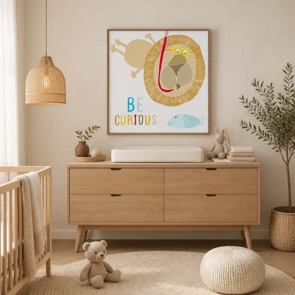 Room mockup featuring Be Curious Snorkeling Lion Art Print