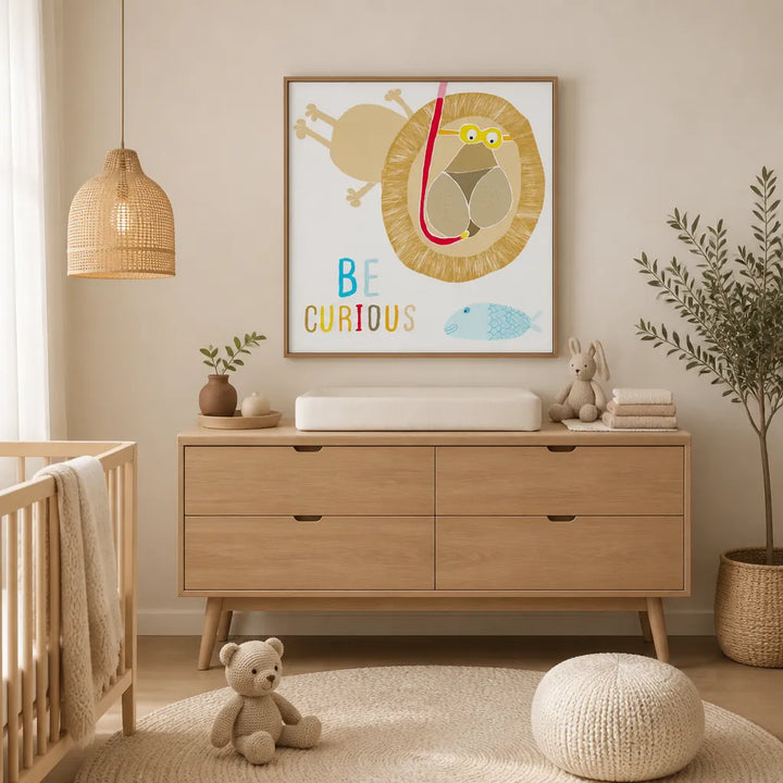Room mockup featuring Be Curious Snorkeling Lion Art Print