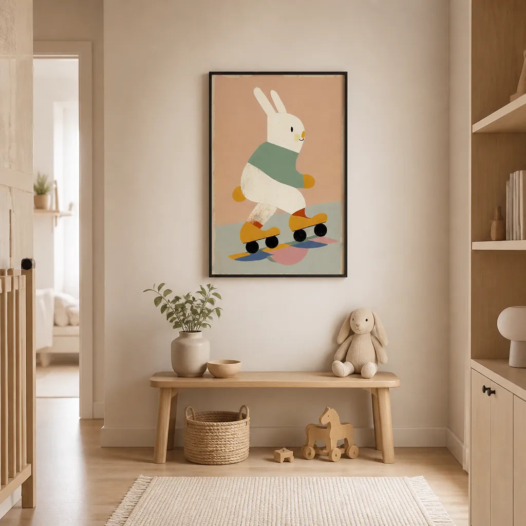 Room mockup featuring Bunny on Skates Art Print