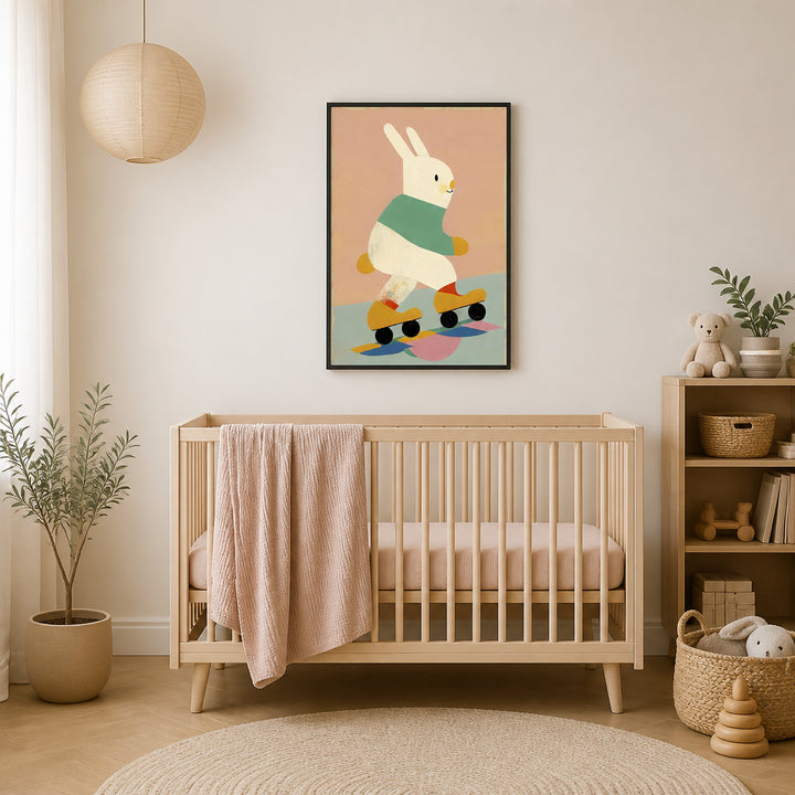 Room mockup featuring Bunny on Skates Art Print
