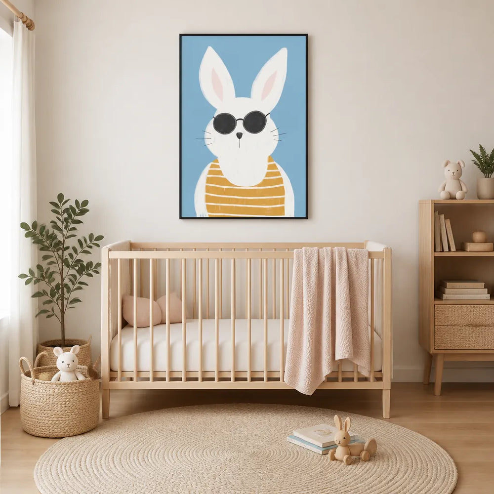 Room mockup featuring Cool Bunny With Shades Art Print