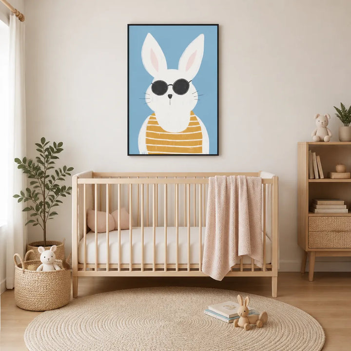 Room mockup featuring Cool Bunny With Shades Art Print