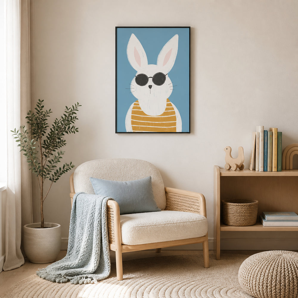 Room mockup featuring Cool Bunny With Shades Art Print